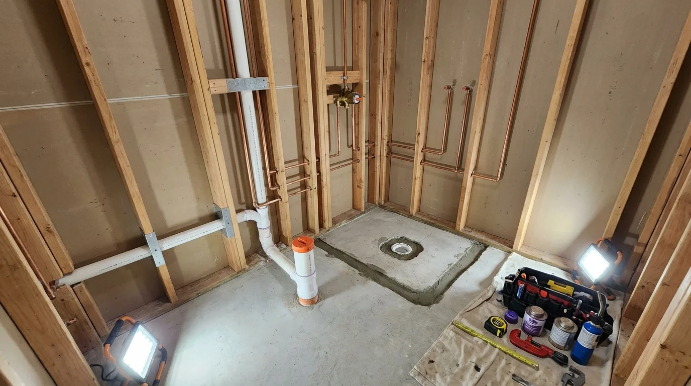 Bathroom rough-in plumbing during remodel by Johns Plumbing LLC in Kirkland