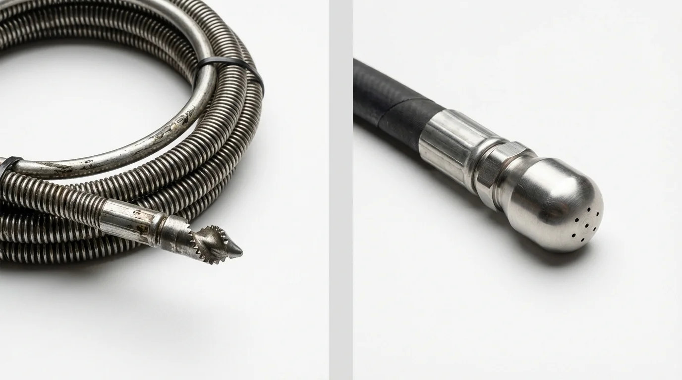 Drain snake cable and hydro jetting nozzle used for drain cleaning in Kirkland, IL