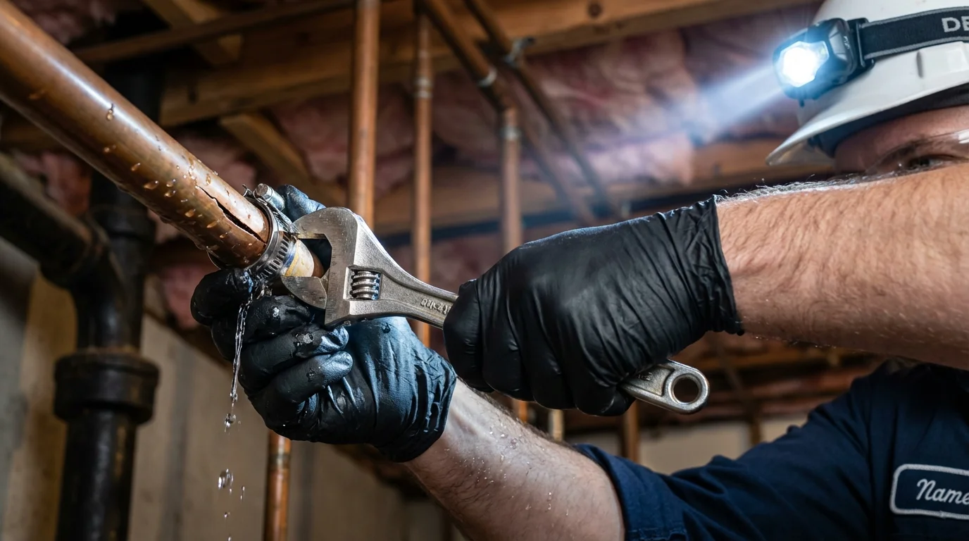 Emergency pipe clamp repair being performed by a Johns Plumbing LLC plumber in Kirkland