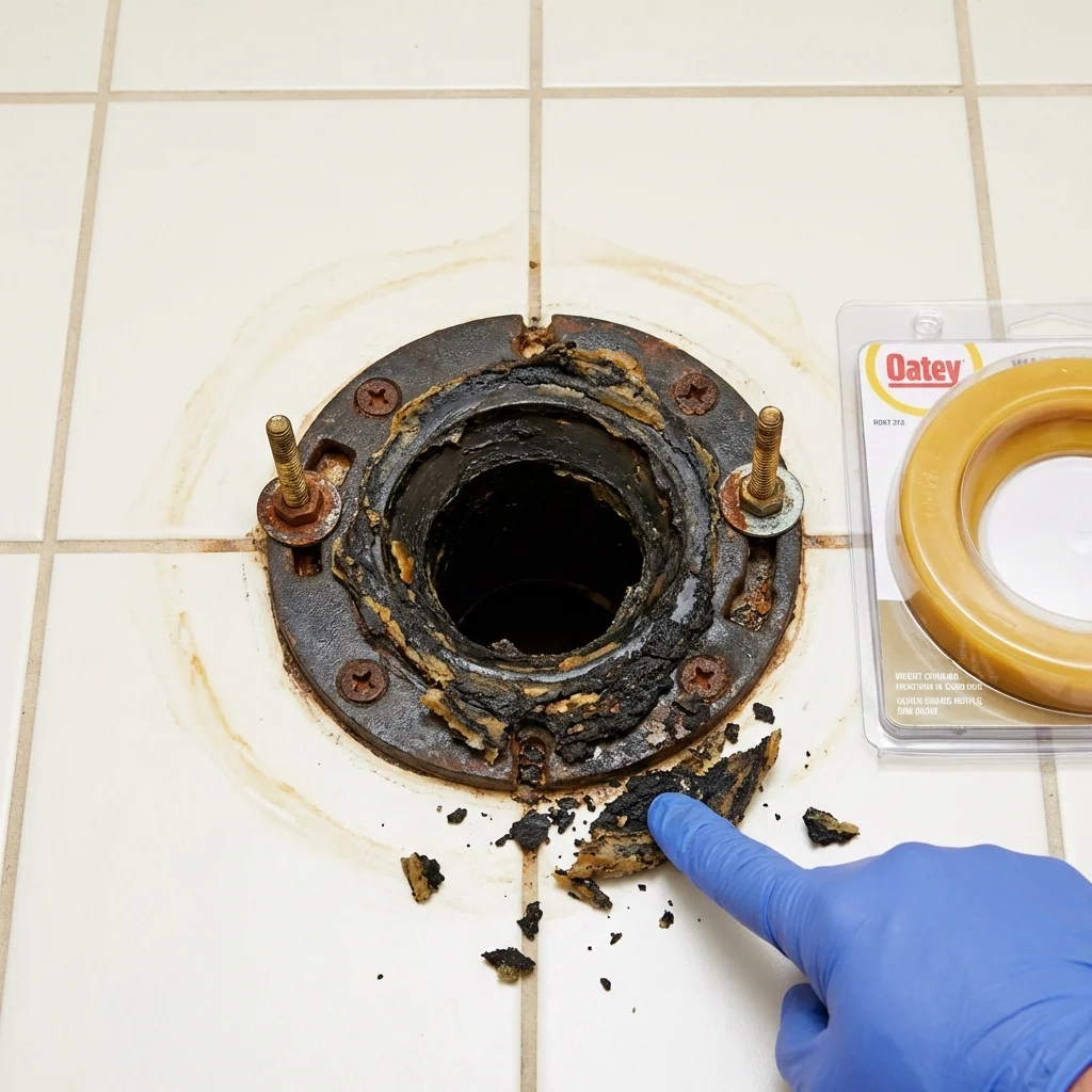 Failed wax ring showing water seepage at the base of a toilet in a Kirkland, IL home