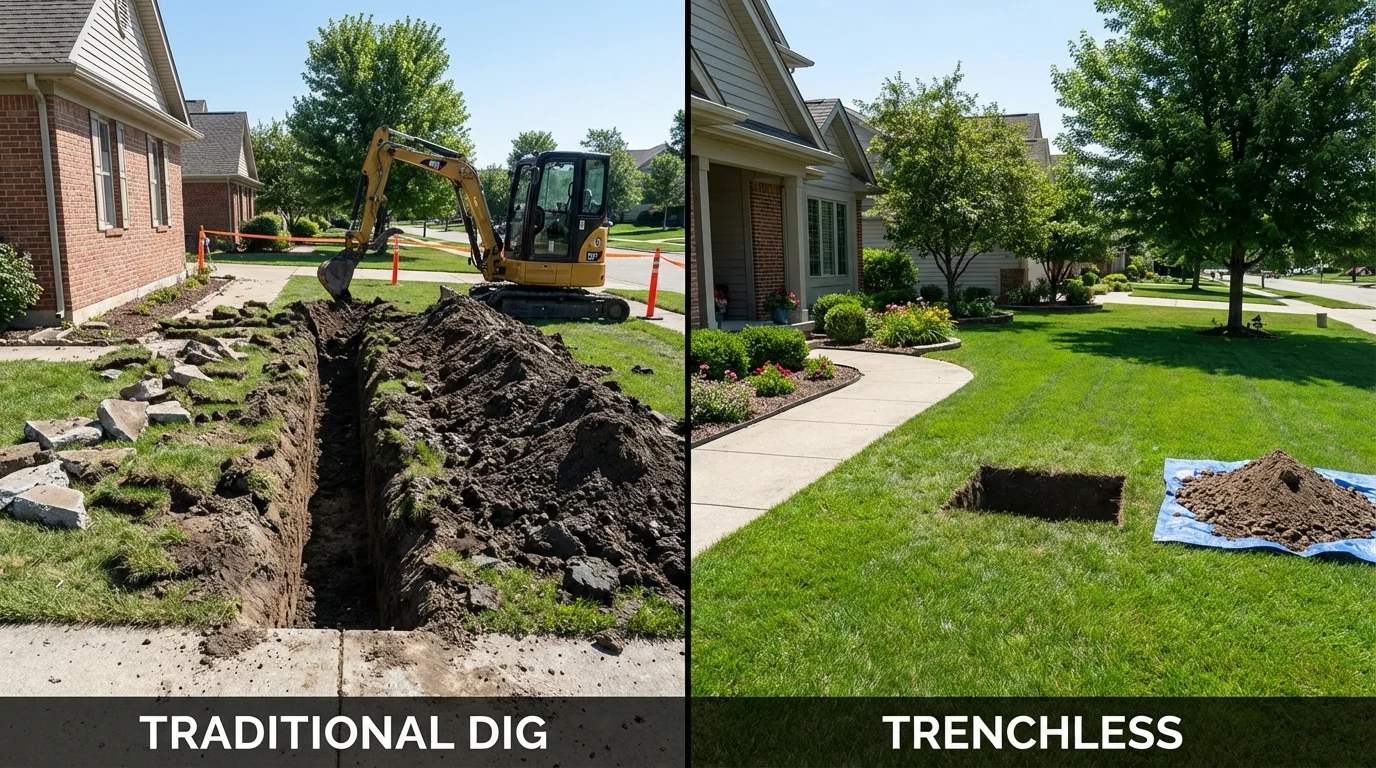Trenchless sewer repair with minimal yard damage versus traditional excavation in Kirkland, IL
