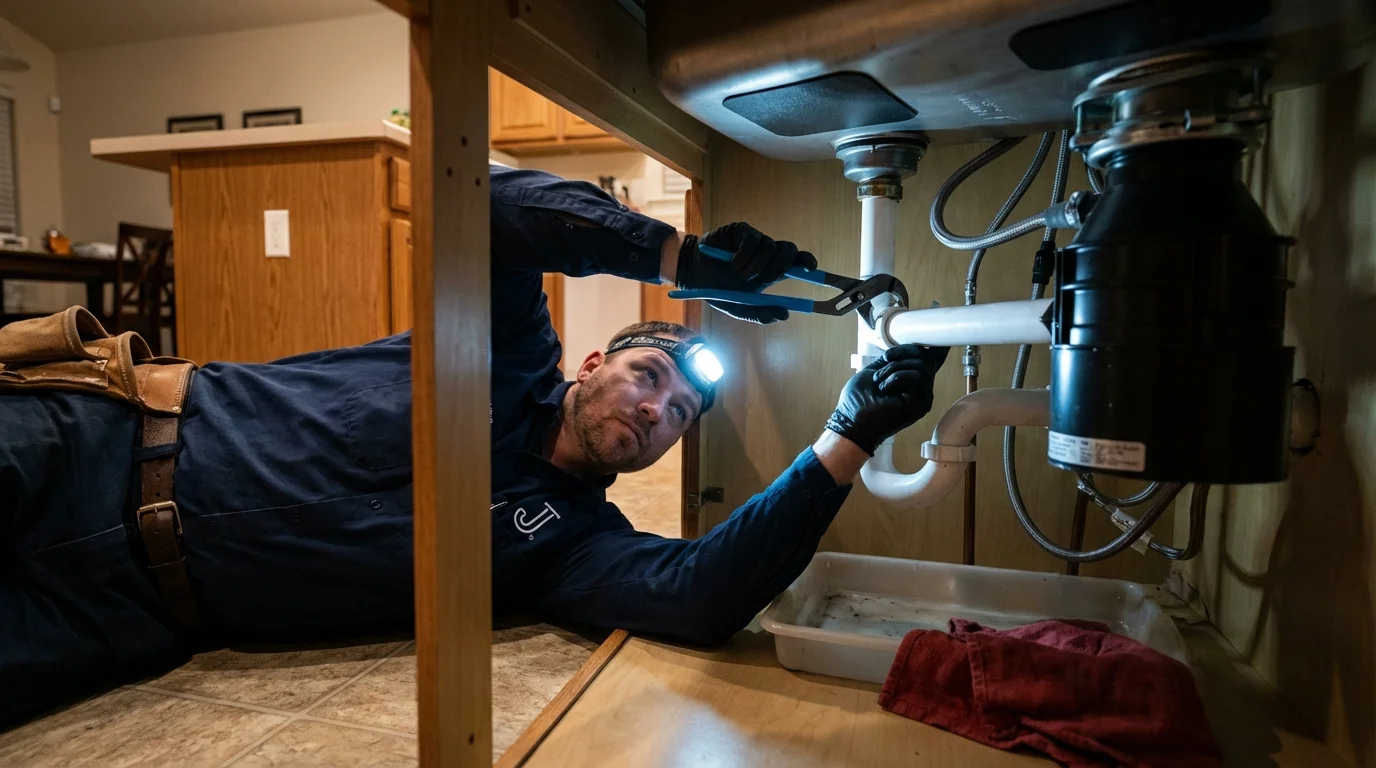 P-trap and supply line connections under a kitchen sink showing a common leak point in Kirkland, IL